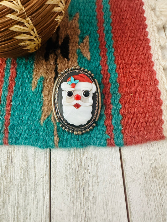 Vintage Handcrafted Multi Stone & Sterling Silver Inlay Santa Clause Brooch
