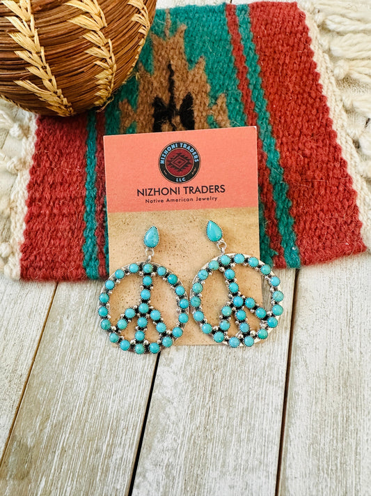 Handcrafted Turquoise & Sterling Silver Peace Sign Dangle Earrings