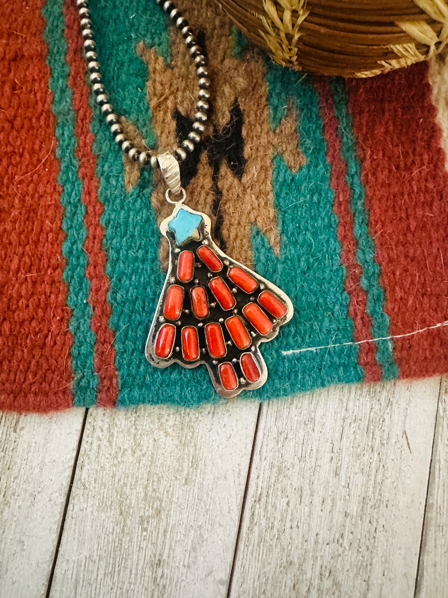 ** Christmas Collection ** Handmade Sterling Silver, Coral & Turquoise Pendant Signed Nizhoni