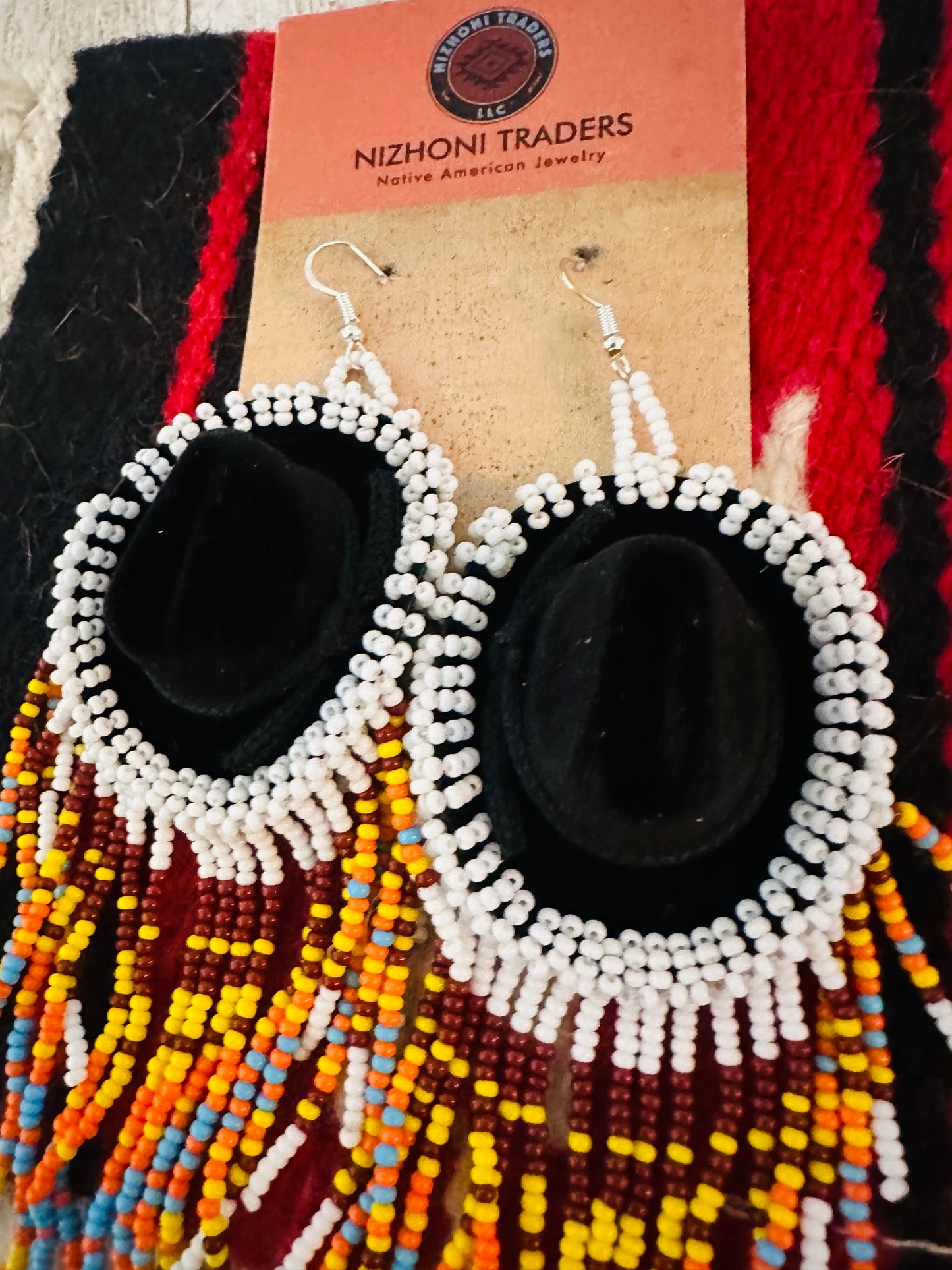 Handcrafted Beaded Cowboy Hat Dangle Earrings- white