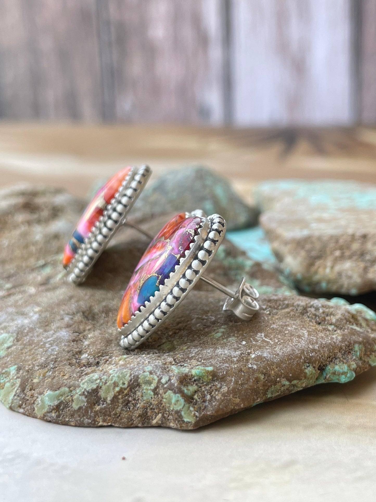 Handmade Pink Dream Mojave and Sterling Silver Heart Earrings Signed Nizhoni