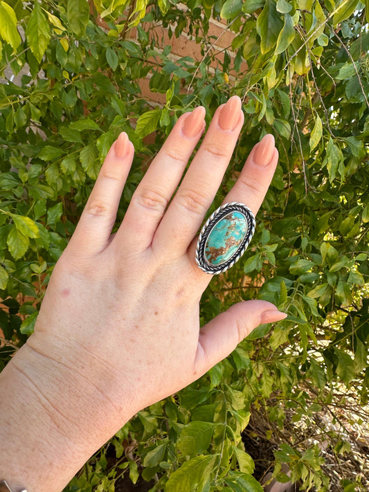 Handcrafted Sterling Silver & Single Stone Turquoise Adjustable Ring OVAL STYLE Signed