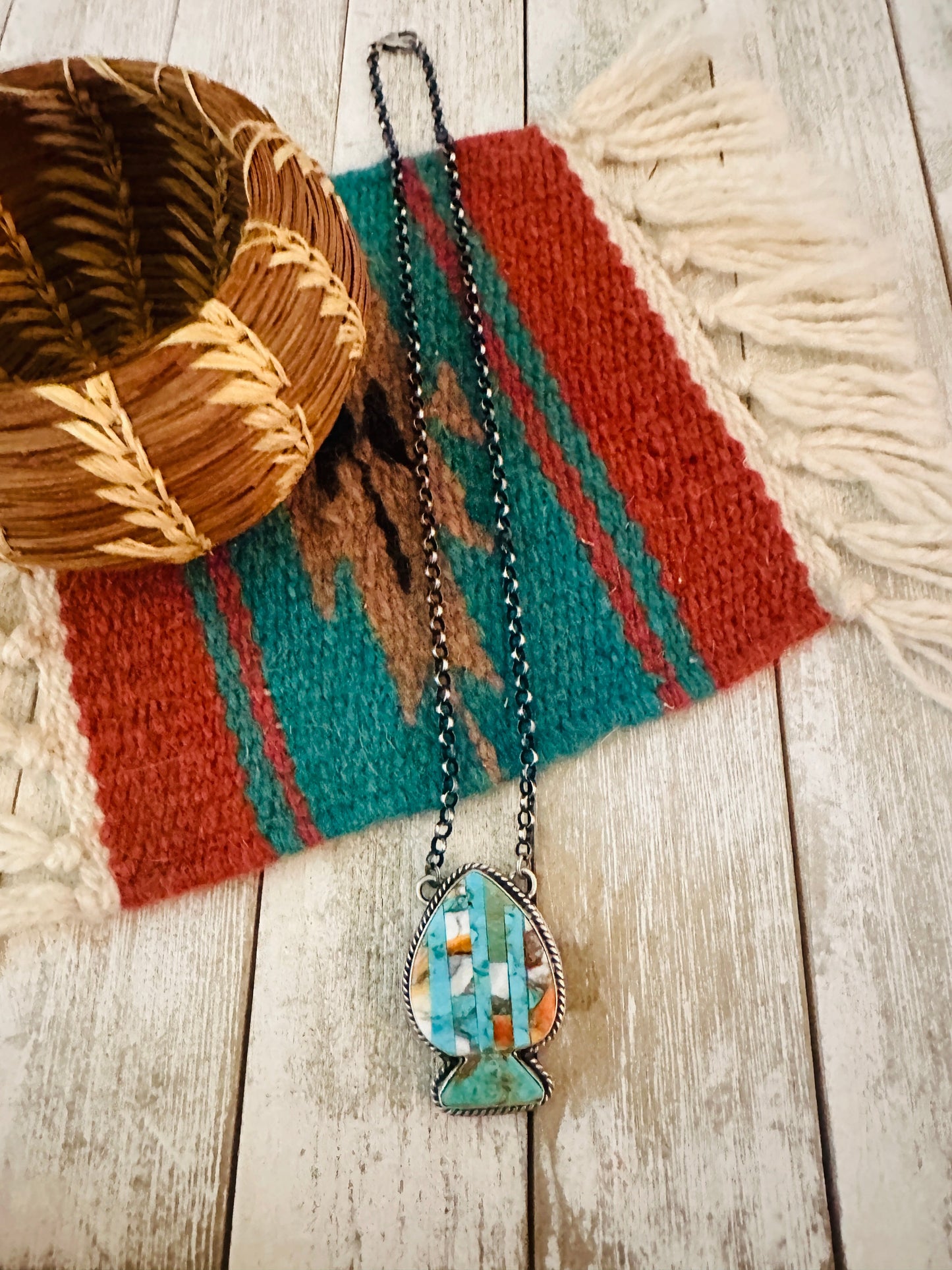 Handcrafted Sterling Silver & Multi Stone Inlay Spade Necklace