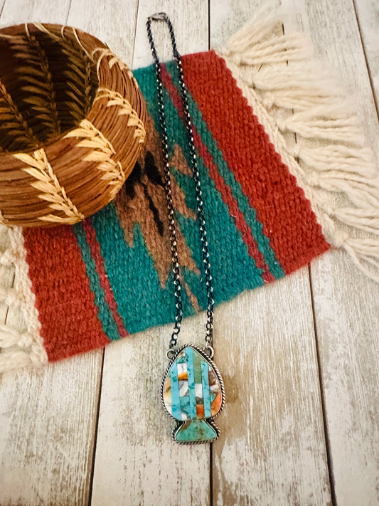 Handcrafted Sterling Silver & Multi Stone Inlay Spade Necklace
