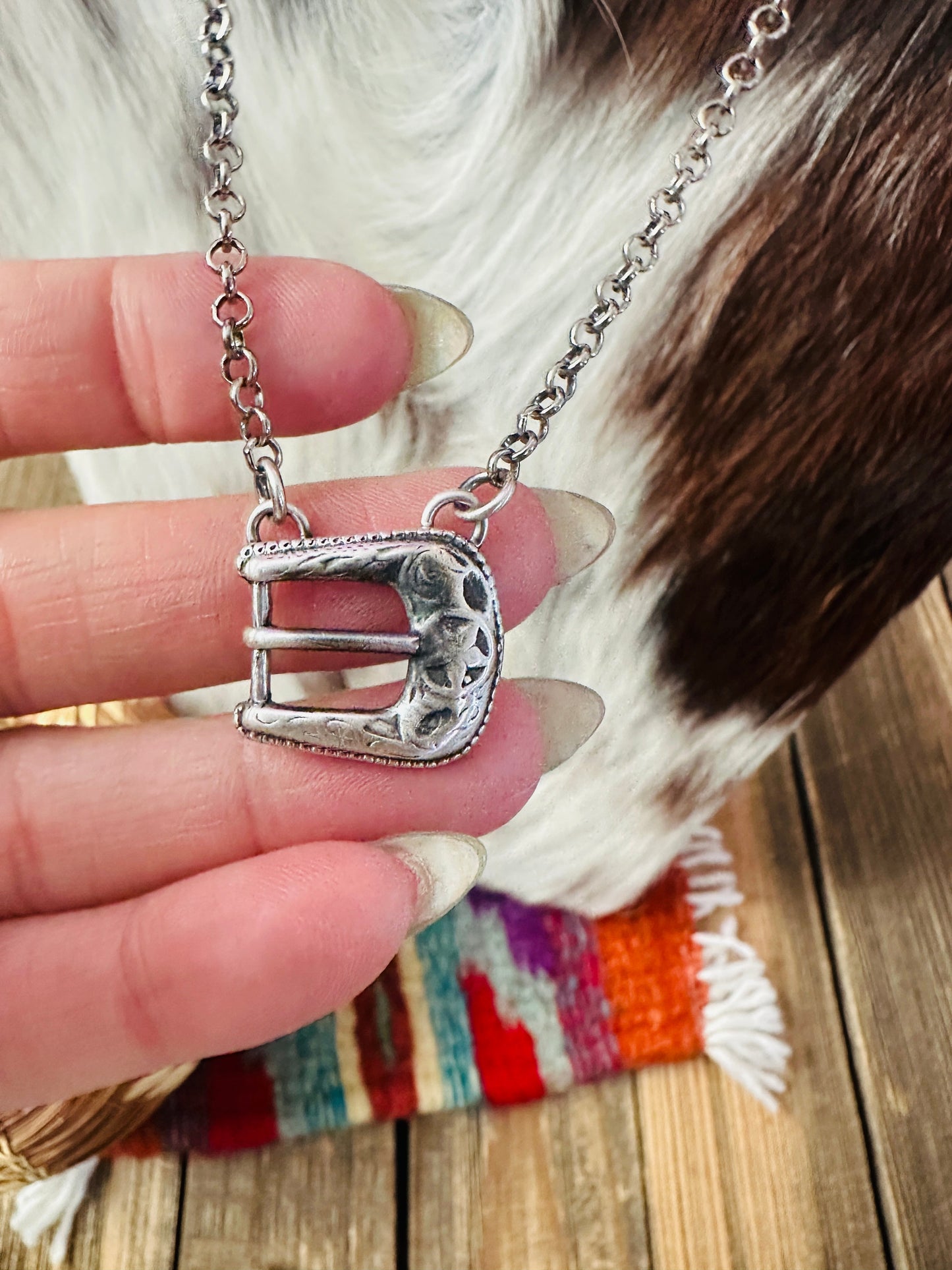 Handcrafted Sterling Silver Belt Buckle Necklace by Patrick Yazzie