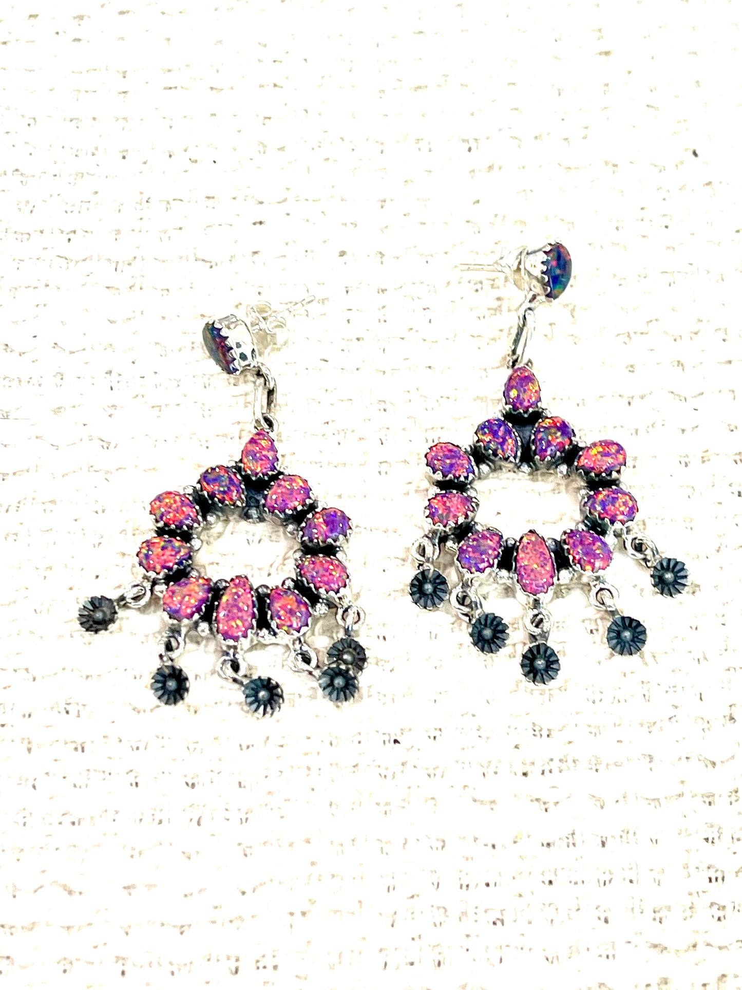 Handmade Pink Fire Opal and Sterling Silver Cluster Dangle Earrings