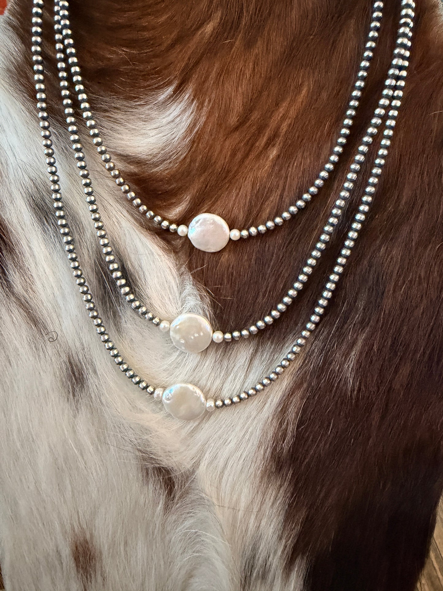 Handcrafted Mother of Pearl and Sterling Silver Pearl Beaded Necklace