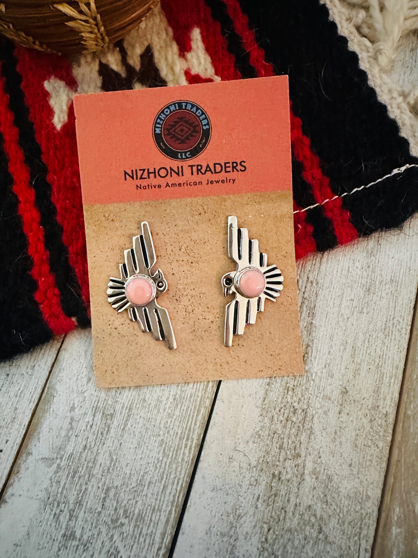 Handcrafted Sterling Silver & Queen Pink Conch Thunderbird Post Earrings