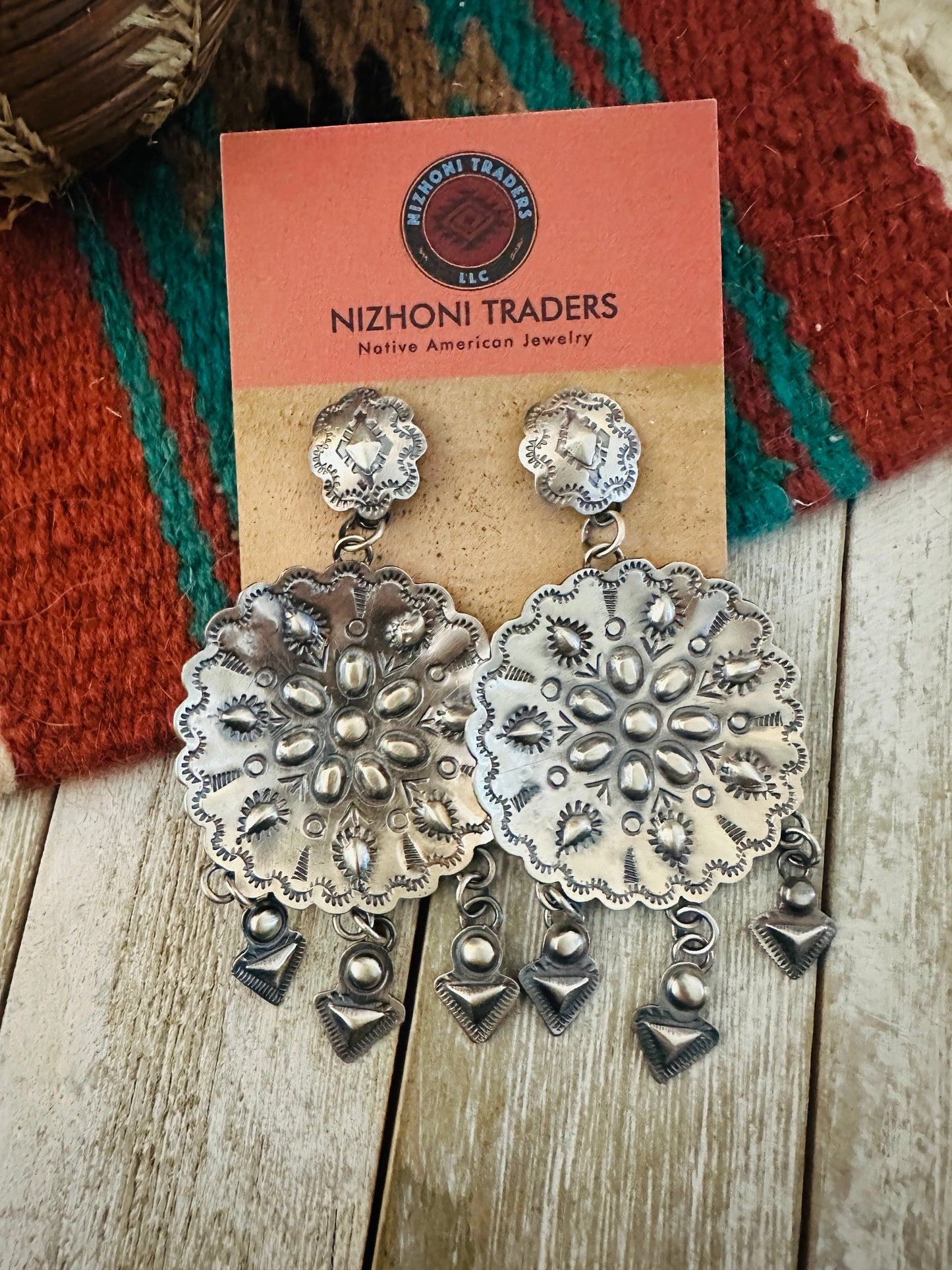 Handcrafted Hand Stamped Sterling Silver Concho Dangle Earrings