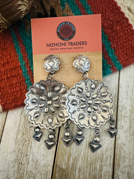 Handcrafted Hand Stamped Sterling Silver Concho Dangle Earrings