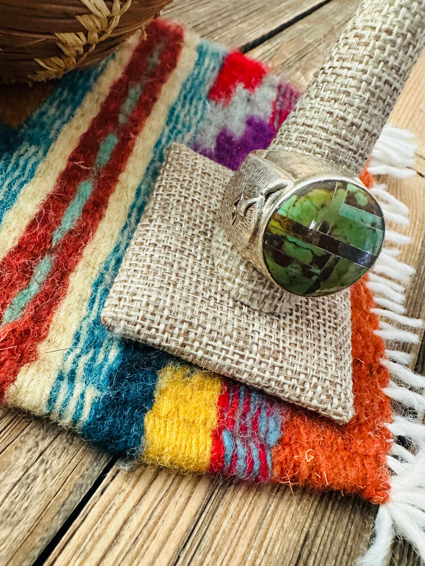 Handcrafted Sterling Silver & Turquoise Inlay Ring Size 12.5