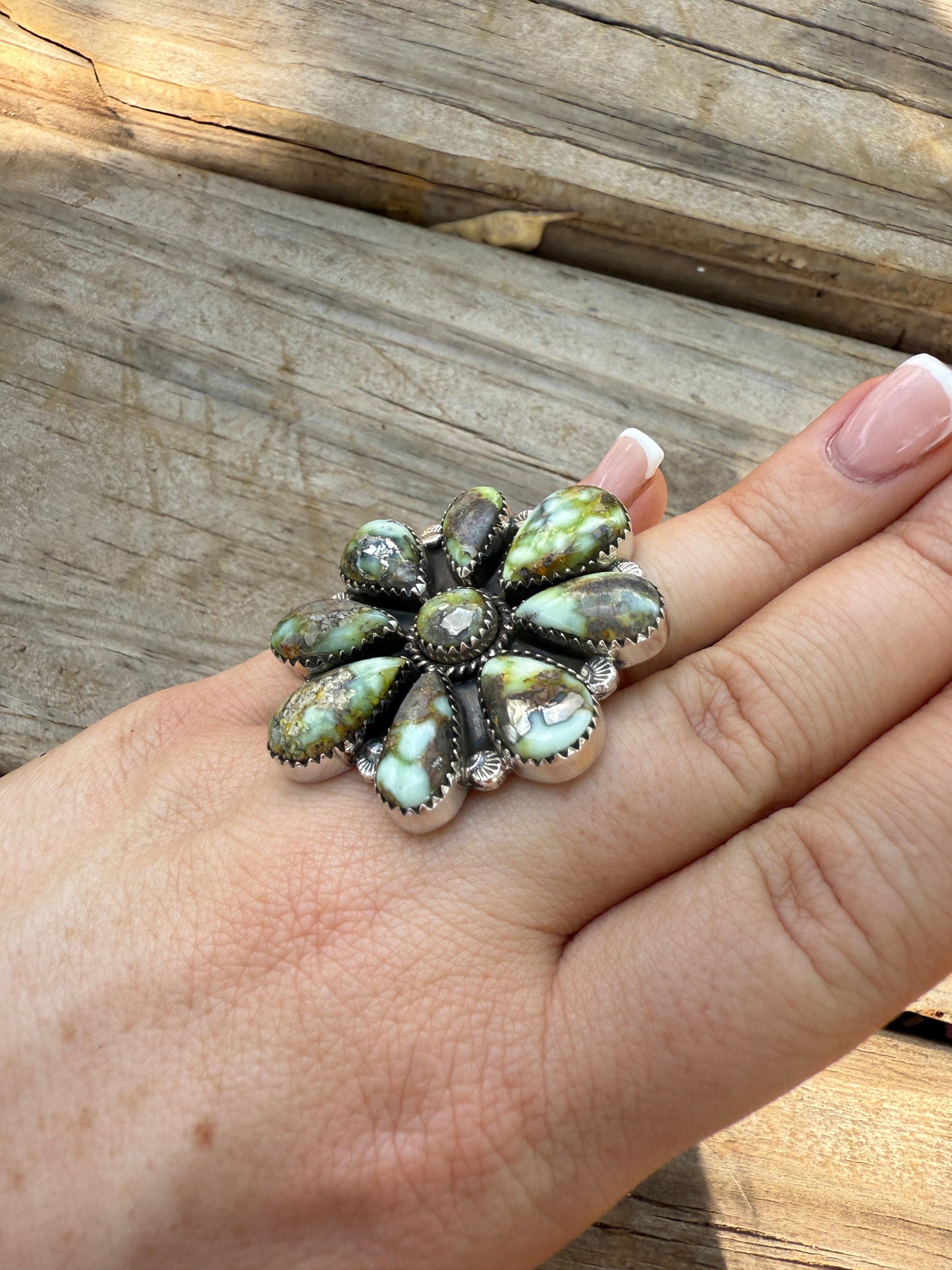 Handmade Palomino Turquoise & Sterling Adjustable Cluster Ring