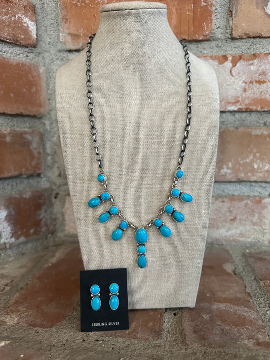 Handcrafted Sterling Silver & Turquoise Necklace & Earring Set Signed