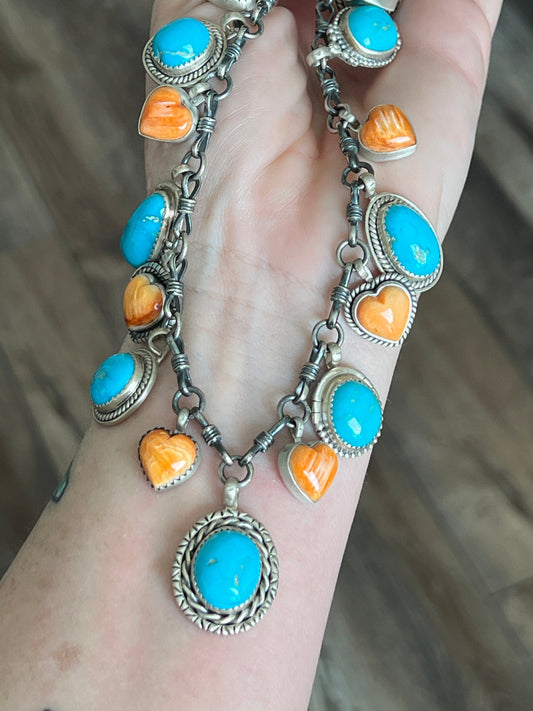 Handcrafted Sterling Silver, Turquoise & Spiny Heart Necklace, Signed RY