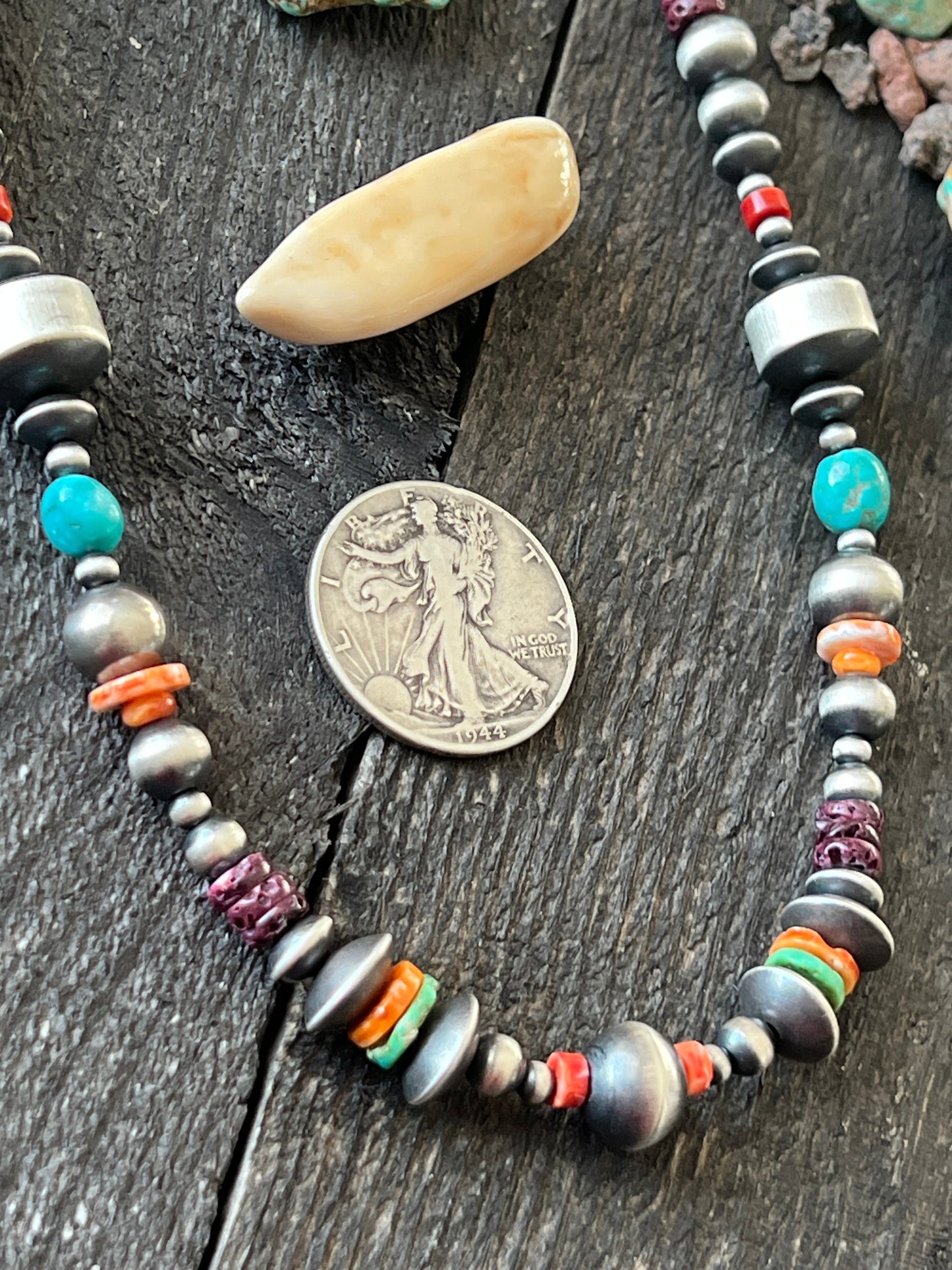 Handcrafted Electric Rainbow Sterling Silver, Turquoise and Spiny Oyster Single Strand Beaded Necklace by Rose Martin, 20 + 2 Inches