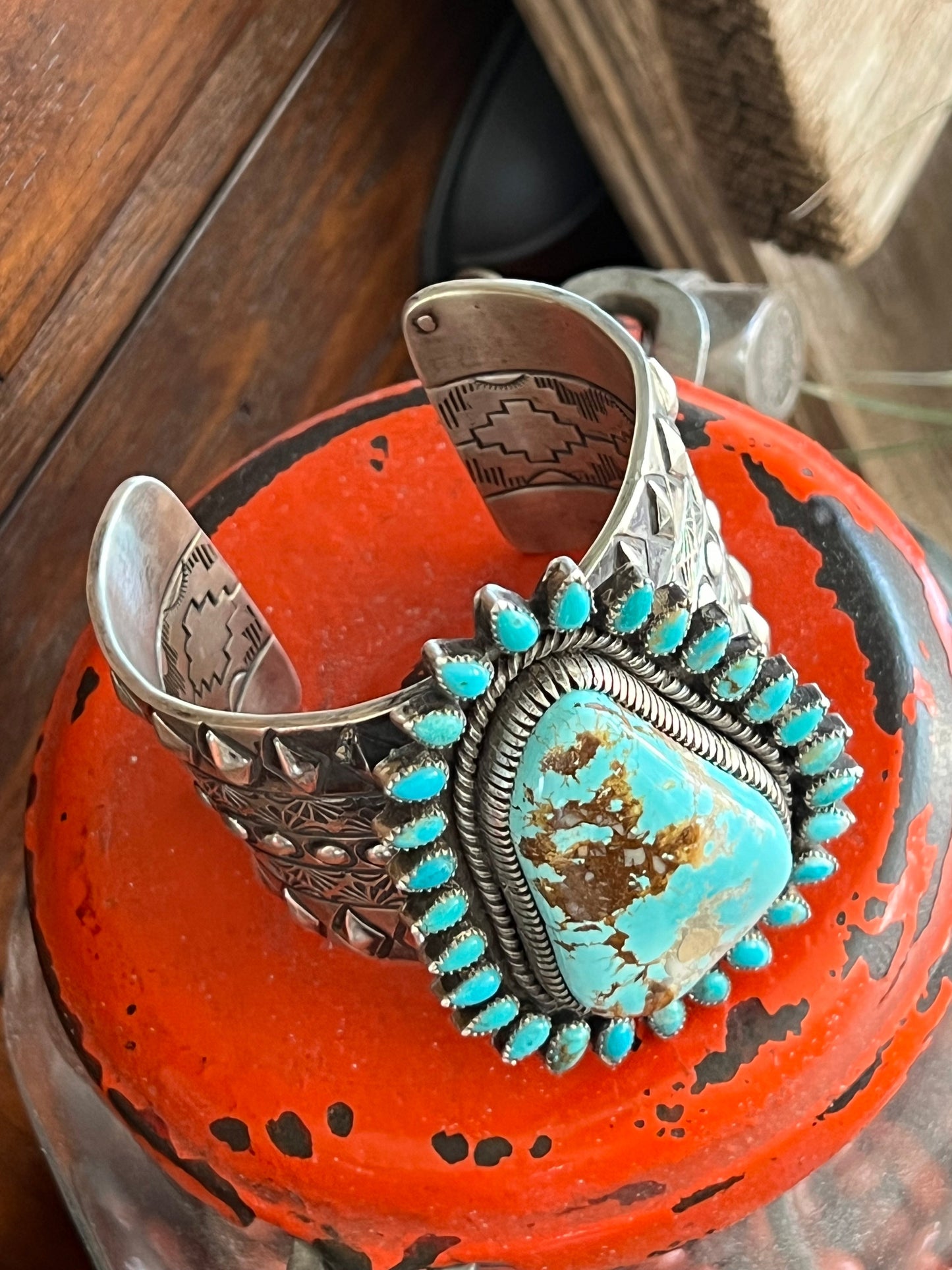 Sterling Silver & Royston Turquoise Cluster Cuff Bracelet by Glenn Livingston