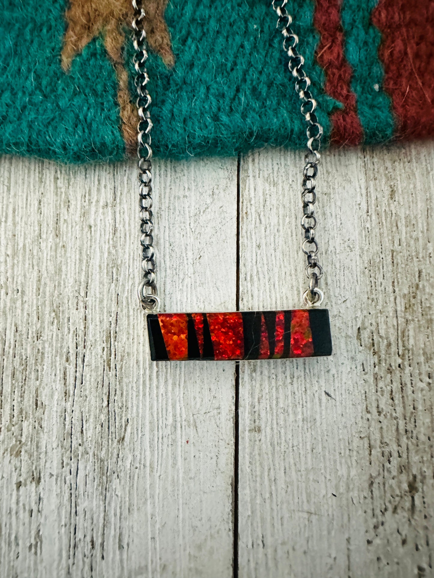 Handcrafted Opal, Onyx & Sterling Silver Inlay Bar Necklace