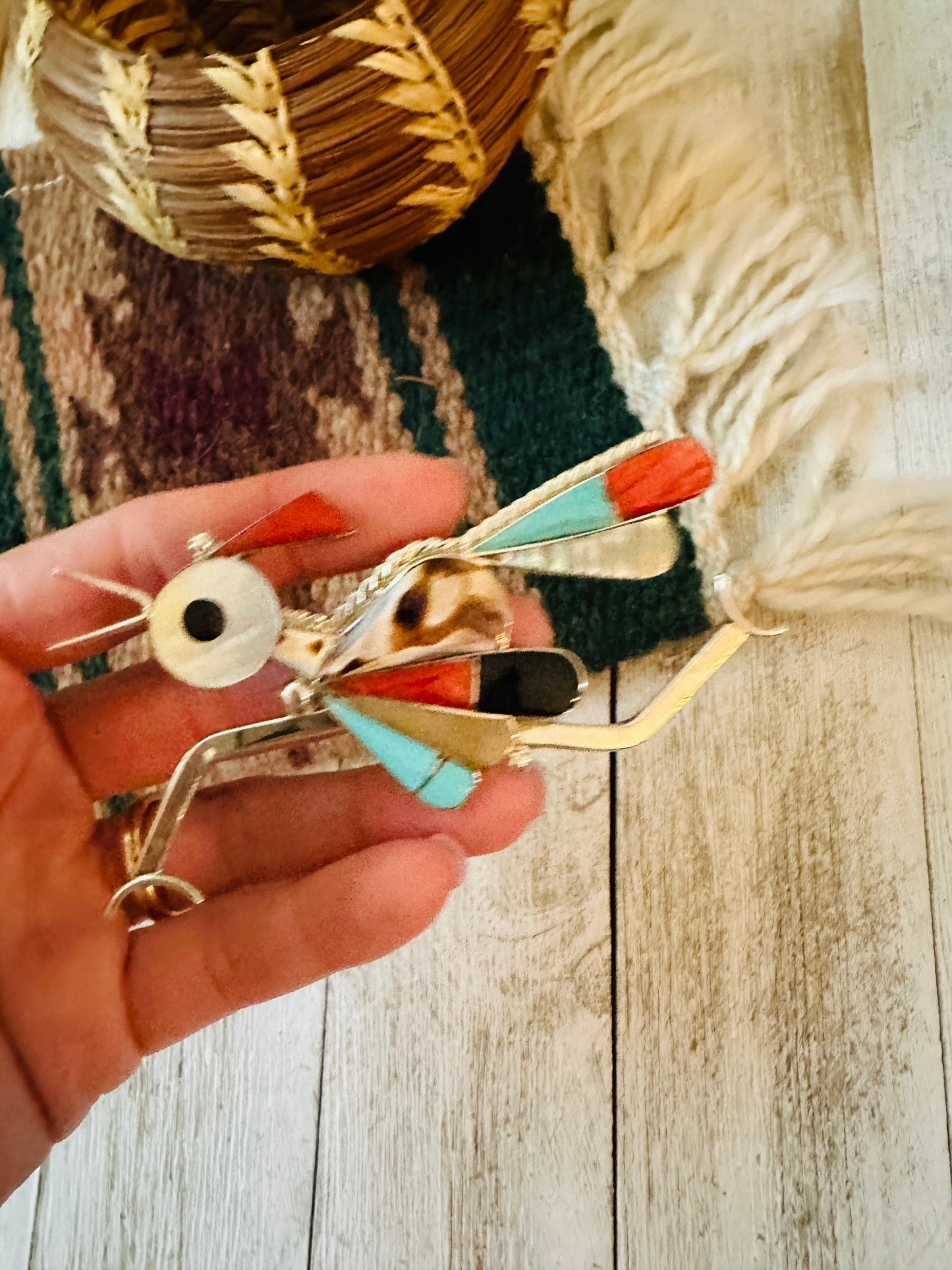 Handcrafted Multi Stone & Sterling Silver Inlay Roadrunner Brooch/ Pendant