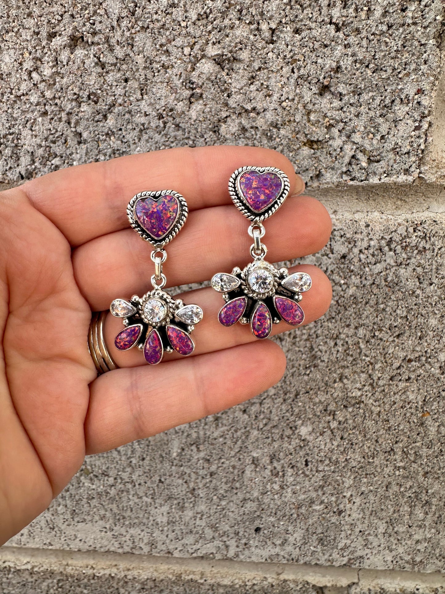 Handmade Dark Pink Opal, CZ and Sterling Silver Dangle Earrings