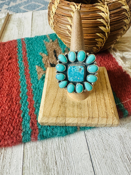 Handcrafted Turquoise & Sterling Silver Cluster Ring Size 7.5