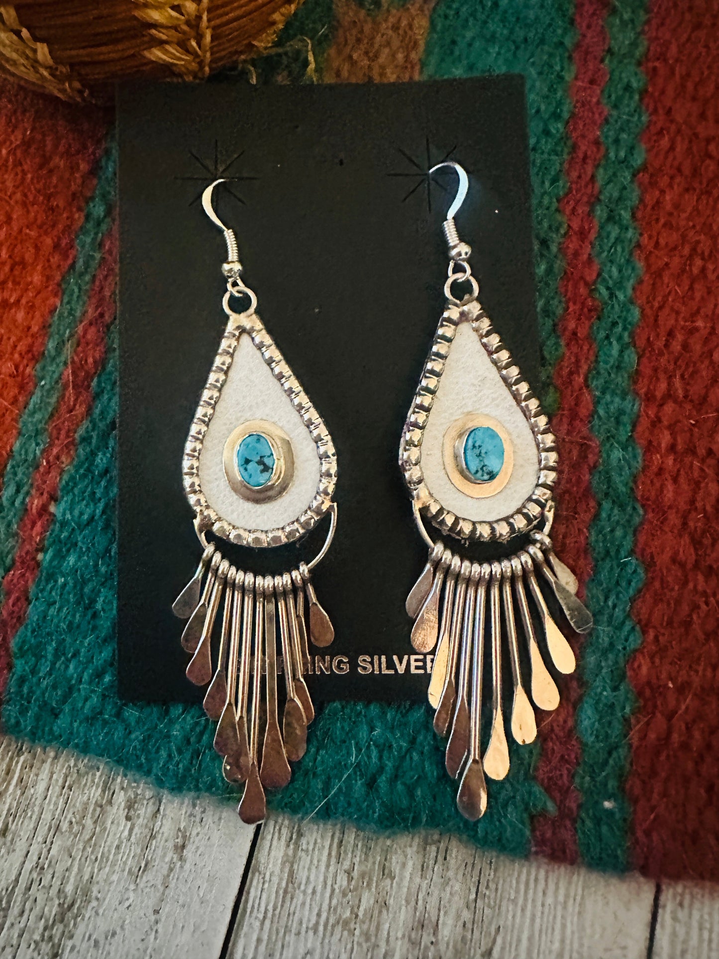 Handcrafted Turquoise & Sterling Silver Leather Chandelier Dangle Earrings