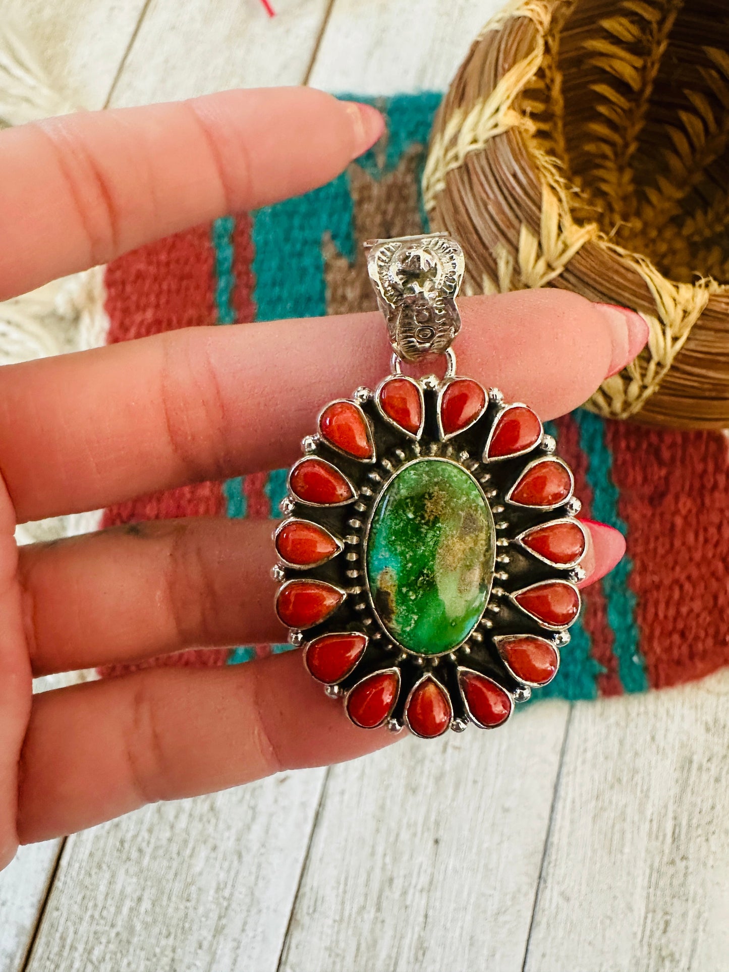 ** Christmas Collection ** Handmade Sterling Silver, Coral & Turquoise Cluster Pendant Signed Nizhoni