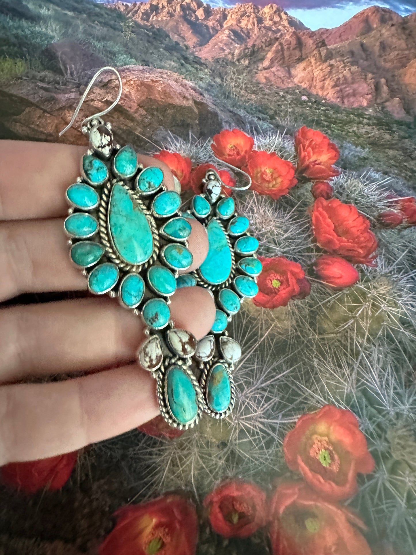 Handmade Turquoise, Wild Horse And Sterling Silver Cluster Dangle Earrings