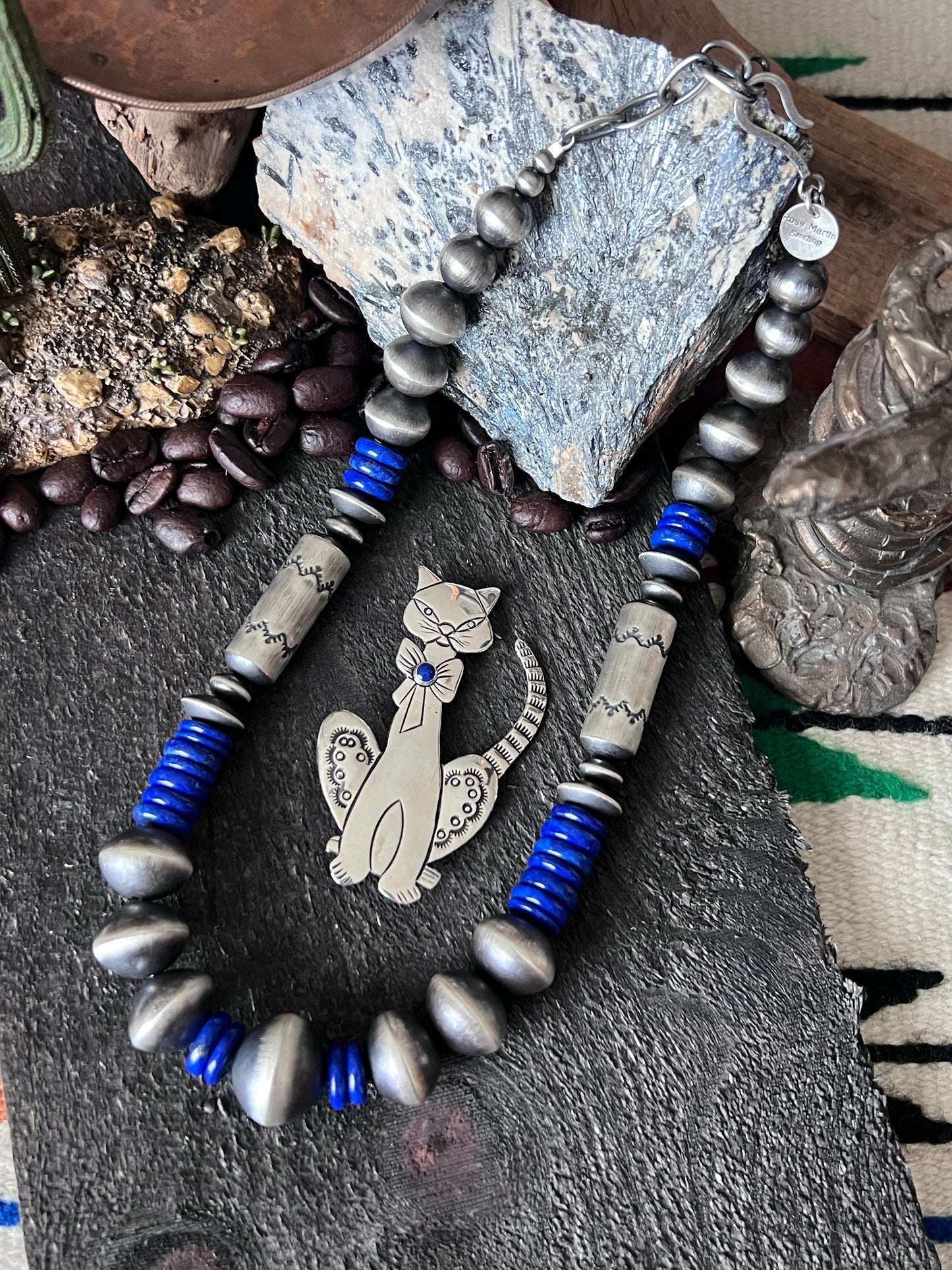 Handcrafted Sterling Silver and Lapis Lazuli Single Strand Beaded Statement Necklace by Rose Martin, 16” + 2”