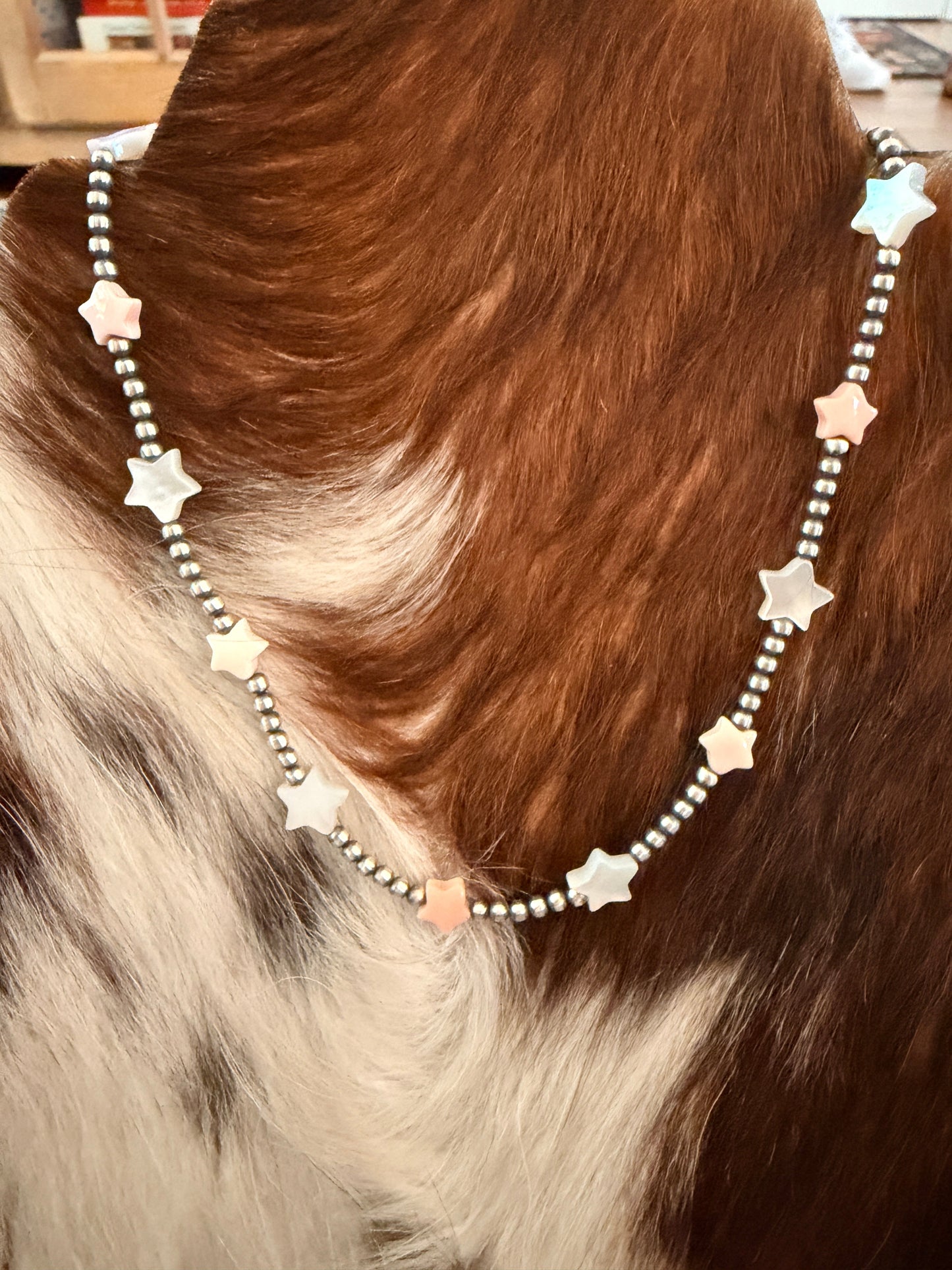 Handcrafted Mother of Pearl Star and Sterling Silver Pearl Beaded Necklace