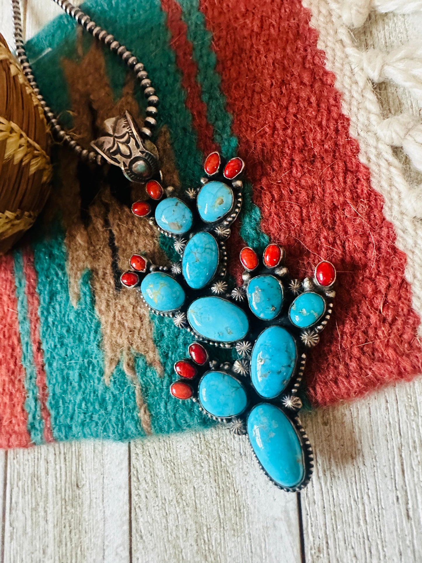Handcrafted Sterling Silver, Turquoise & Coral Cactus Pendant by Shawn Cayatineto