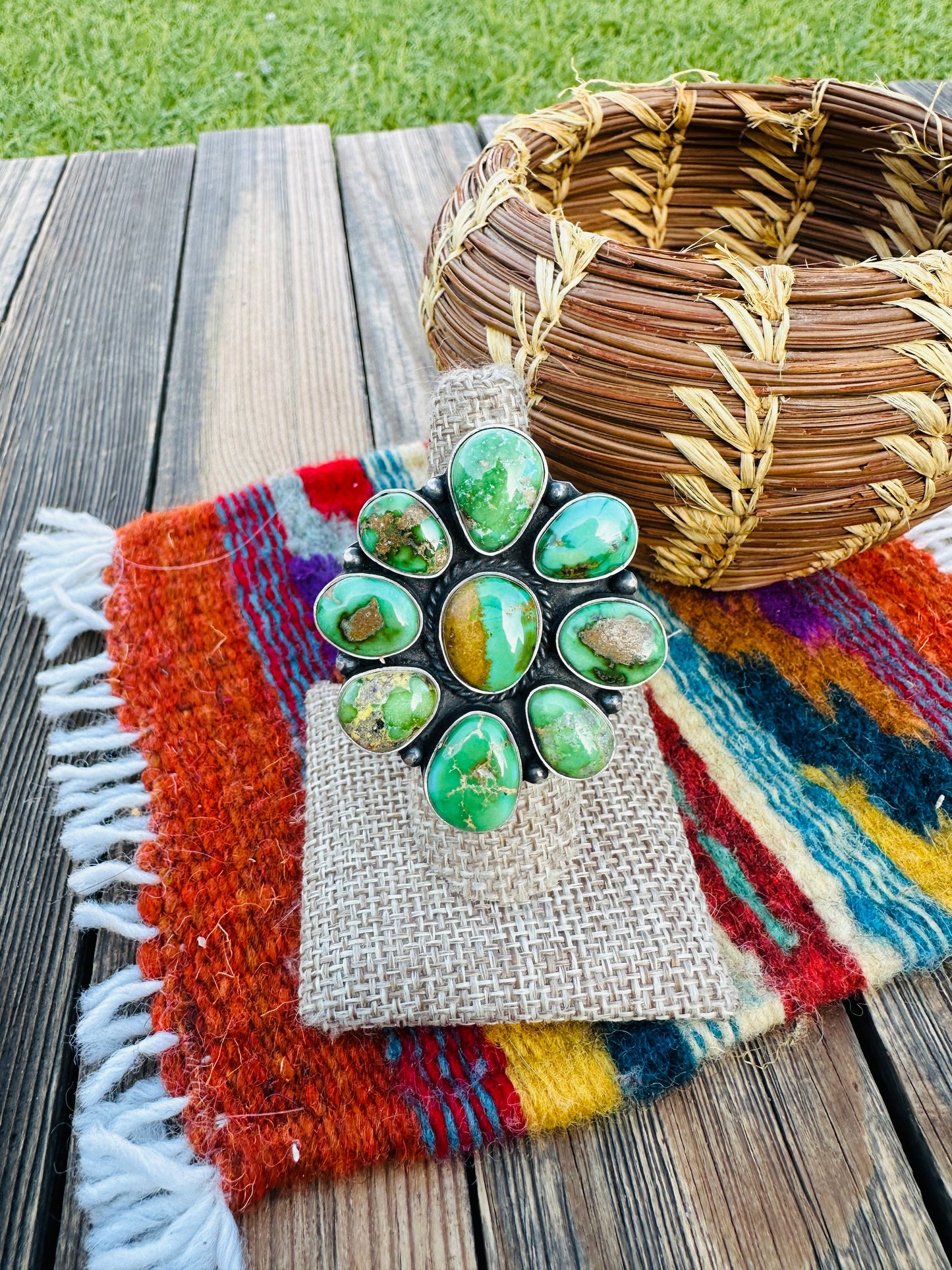 Handcrafted Sonoran Gold Turquoise & Sterling Silver Adjustable Cluster Ring by Elouise Richards