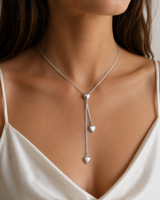 Puffed Hearts Lariat Sterling Silver Necklace