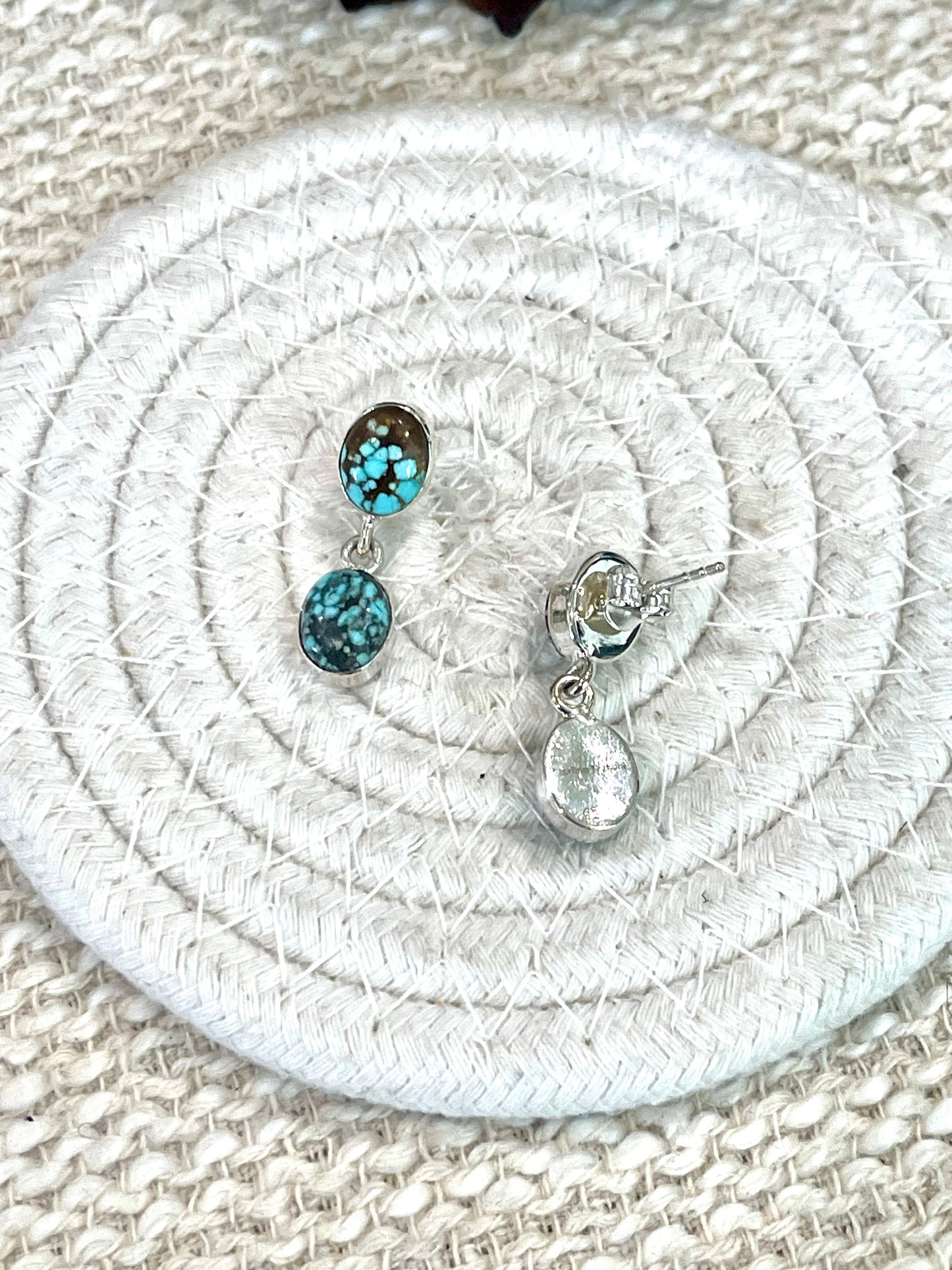 Handmade Sterling Silver Number 8 Turquoise Post Dangle Earrings with Signed Nizhoni