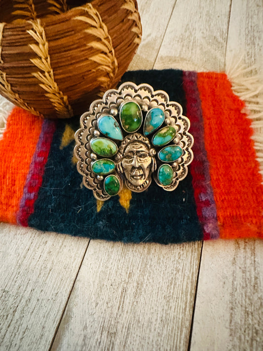 Handcrafted Sonoran Mountain Turquoise & Sterling Silver Indian Chief Adjustable Ring
