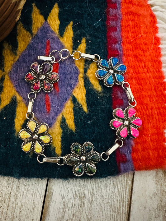 Handcrafted Multicolor Opal & Sterling Silver Flower Link Bracelet