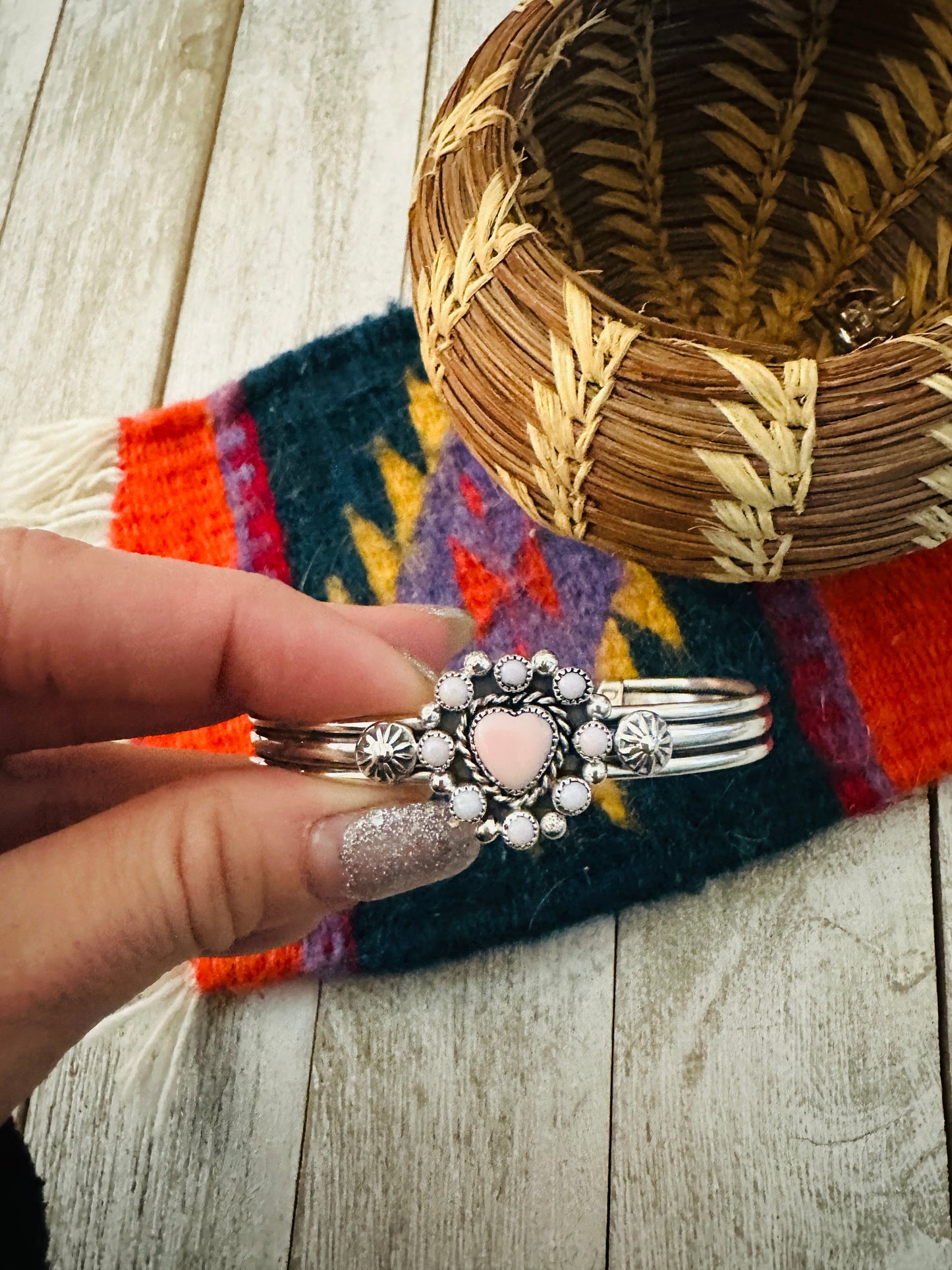 Handcrafted Queen Pink Conch Shell & Sterling Silver Heart Cuff Bracelet