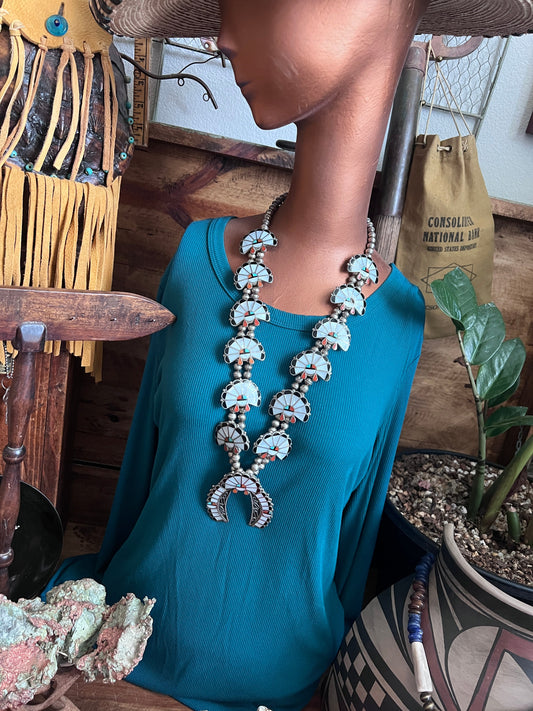 Vintage Old Pawn Sunface Multi Stone & Sterling Silver Beaded Squash Blossom Necklace