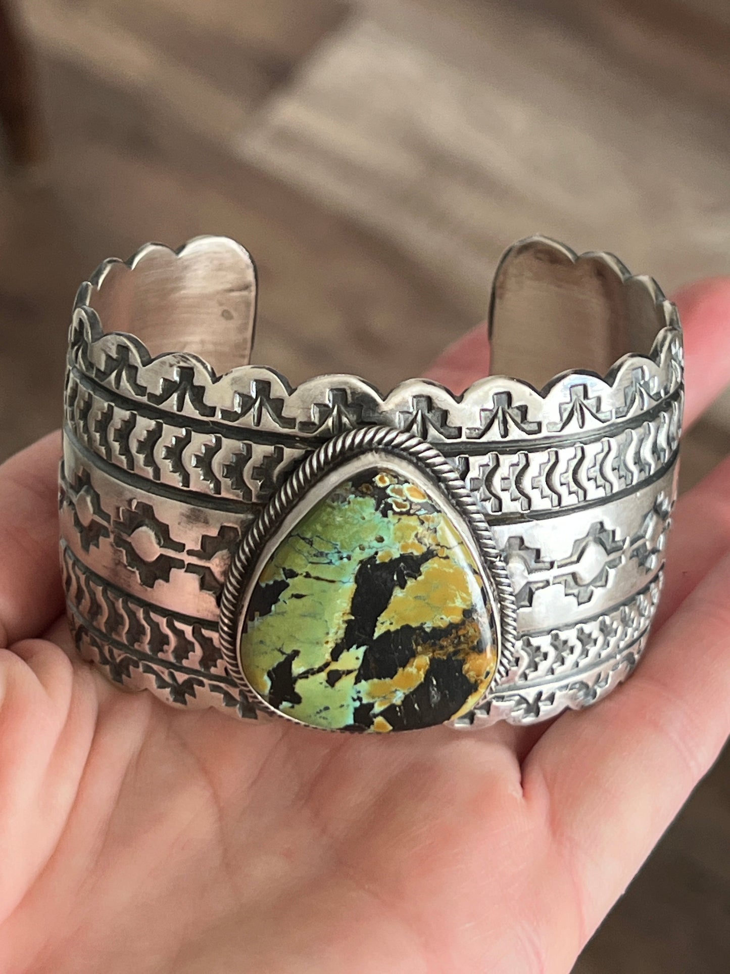 Handcrafted Hand Stamped Sterling Silver and Blackjack Turquoise Cuff Bracelet by Randy Boyd