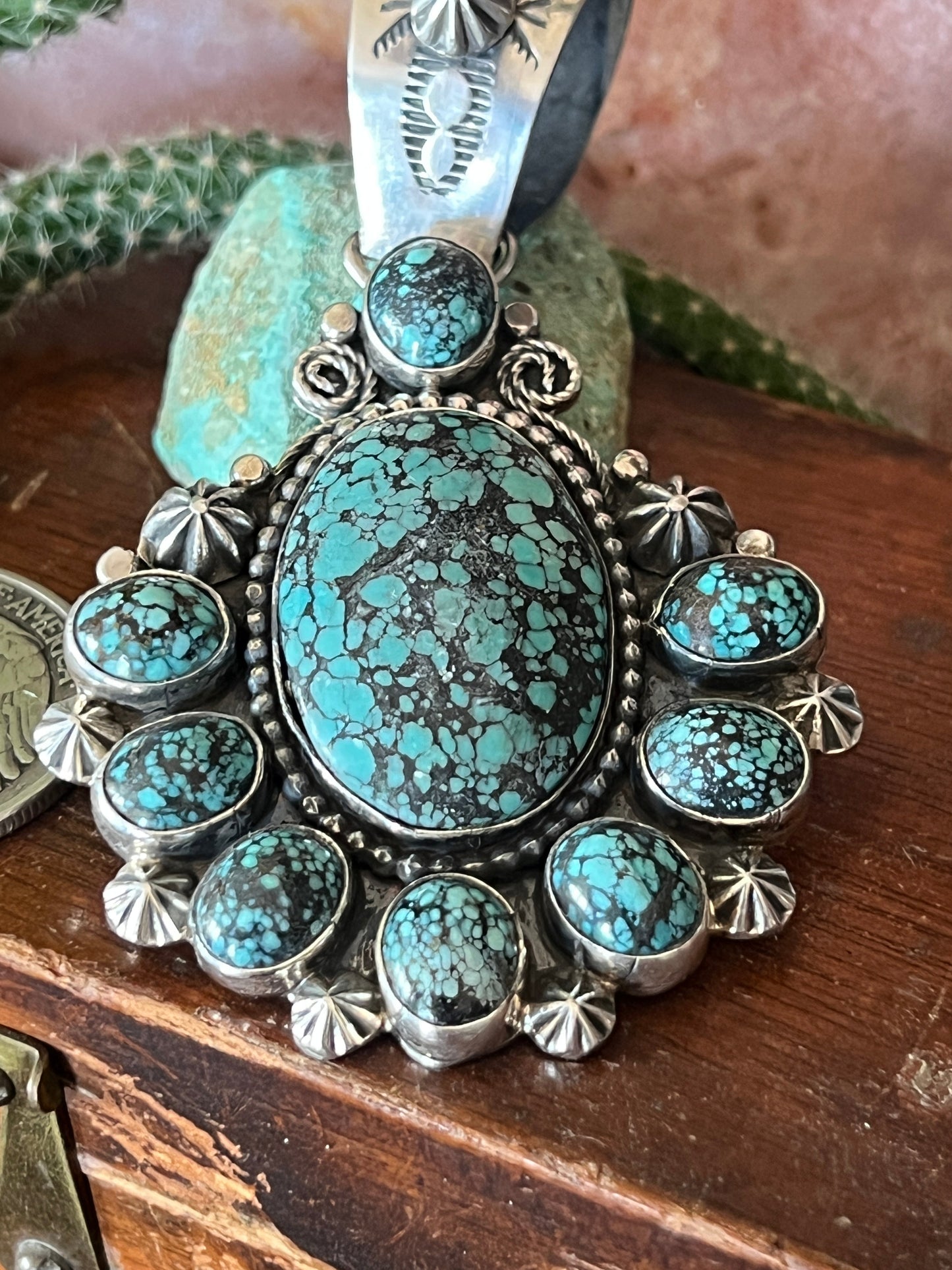 Apache Made Sterling Silver and Hubei Turquoise Cluster Pendant by Rosella Paxson