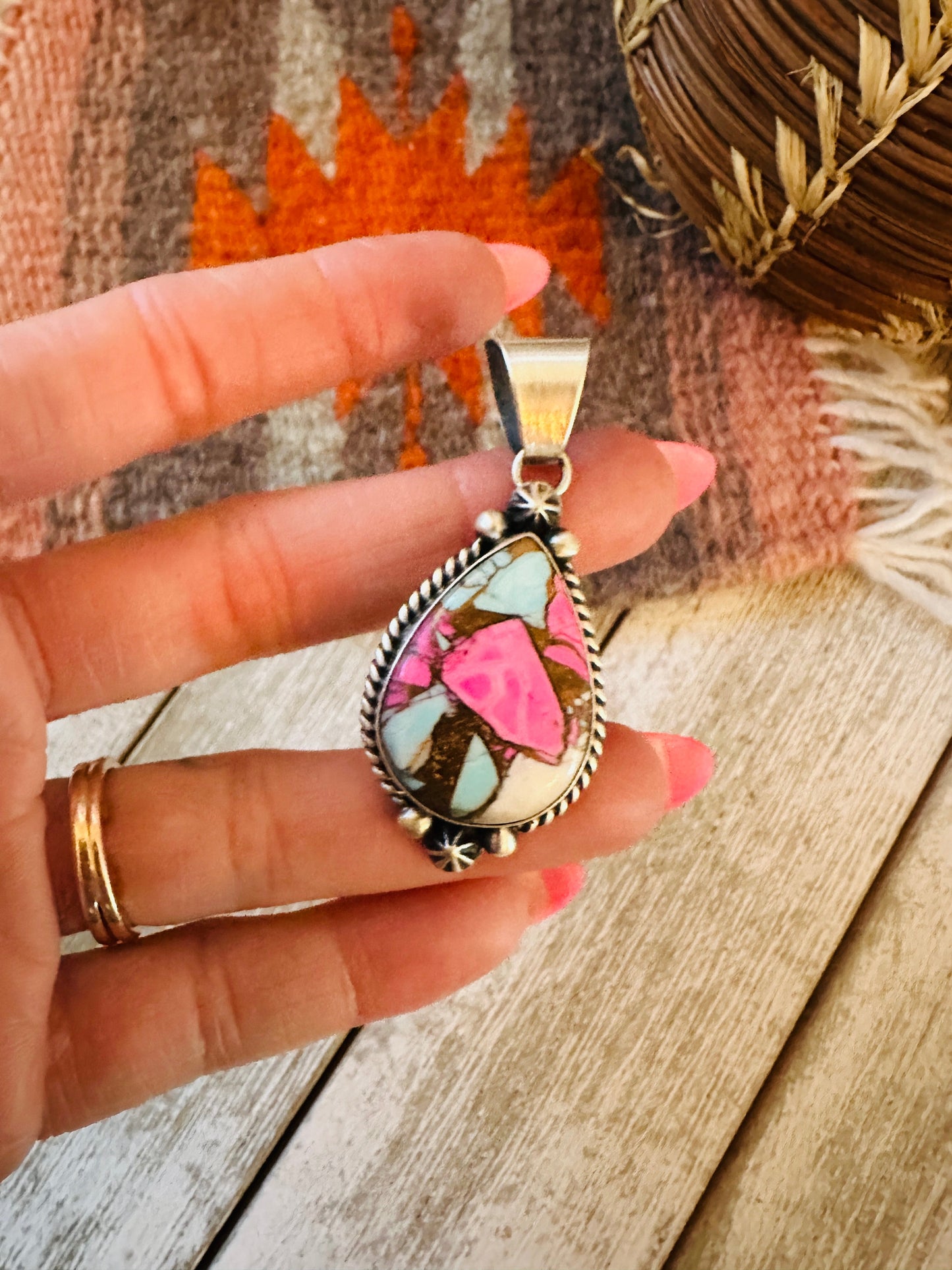 Handcrafted Cotton Candy & Sterling Silver Teardrop Pendant