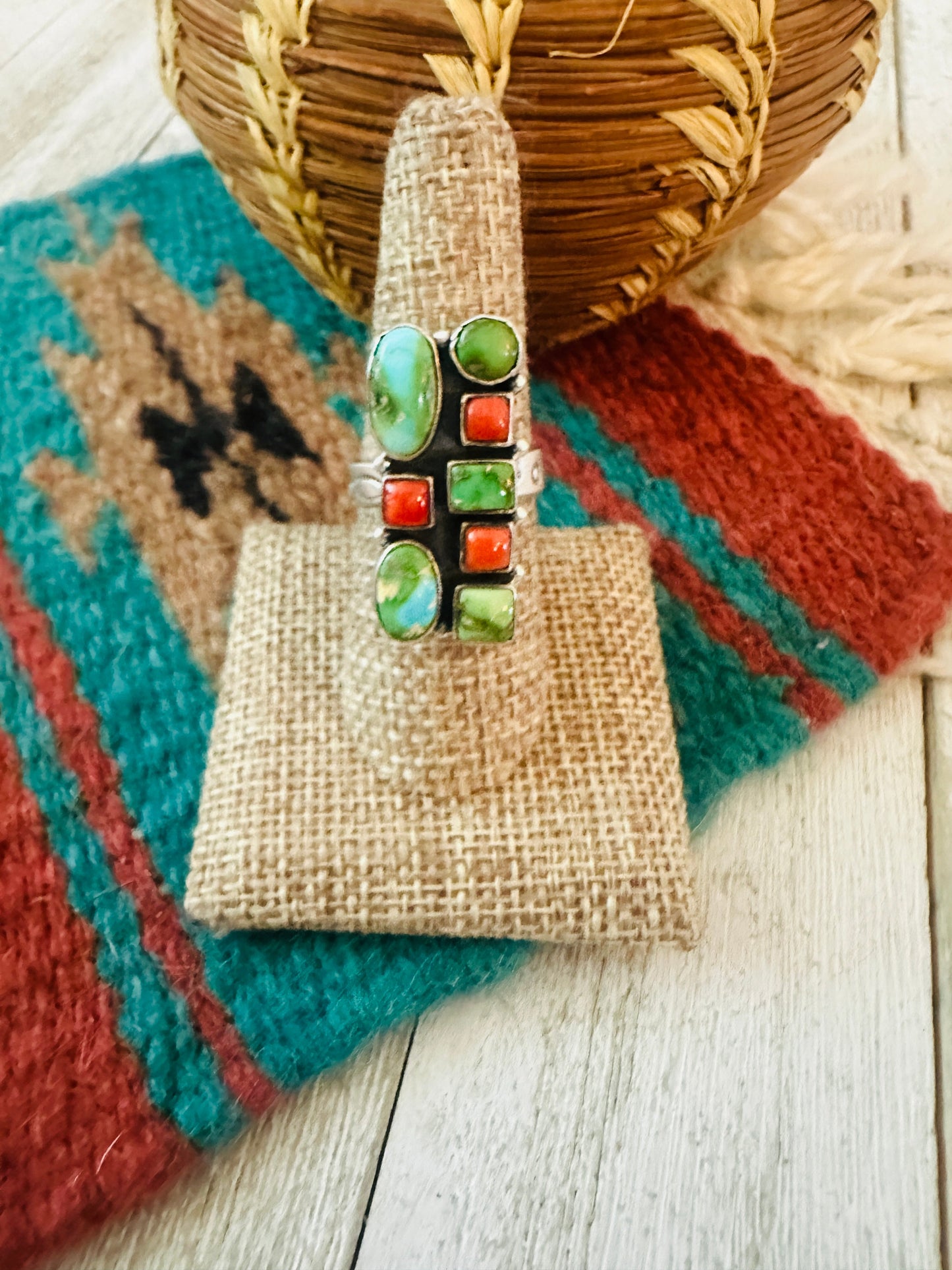 ** Christmas Collection ** Handmade Sterling Silver, Turquoise & Coral Adjustable Ring Signed Nizhoni