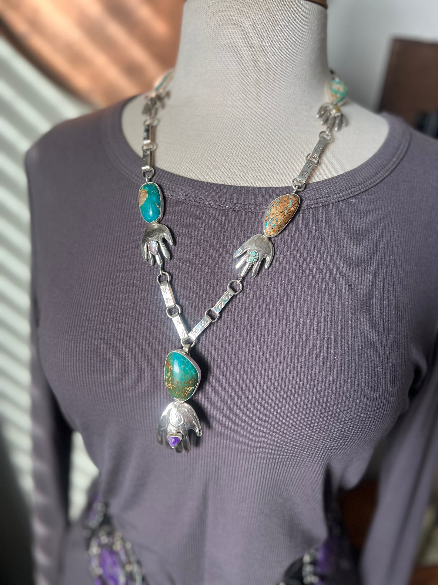 Jay Leon Coriz Handcrafted Sterling Silver and Royston Turquoise Healing Hand Station Necklace