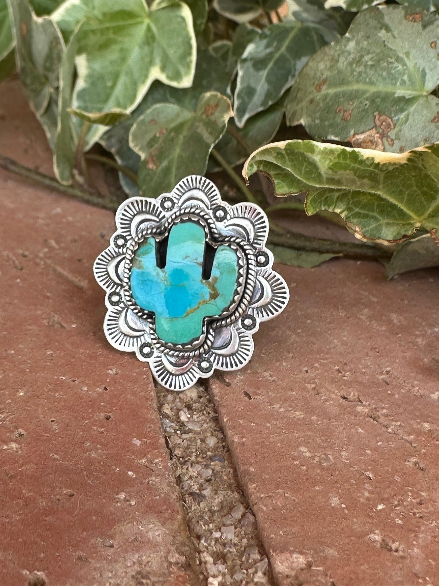 Handmade Sterling Silver Turquoise Saguaro Cactus Adjustable Ring