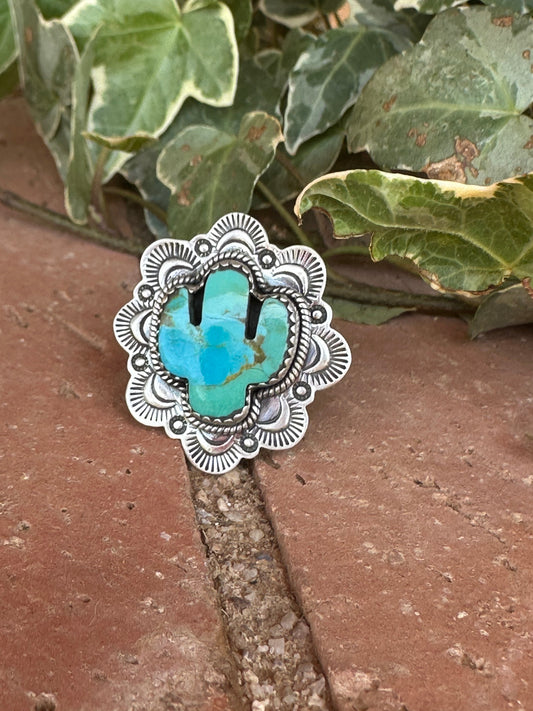 Handmade Sterling Silver Turquoise Saguaro Cactus Adjustable Ring