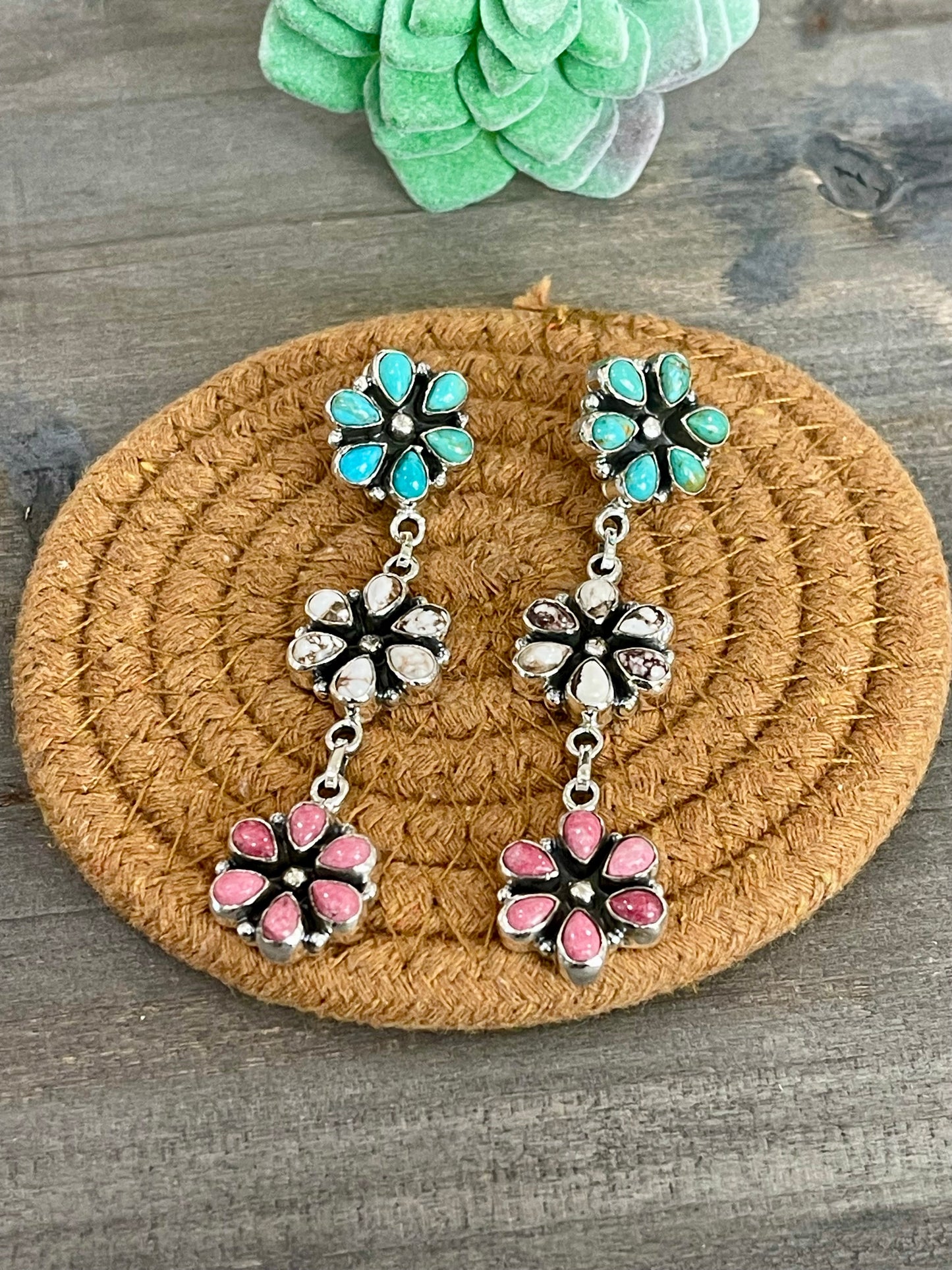 Handmade Sterling Silver, Turquoise & Multi Stone Post Dangle Cluster Earrings