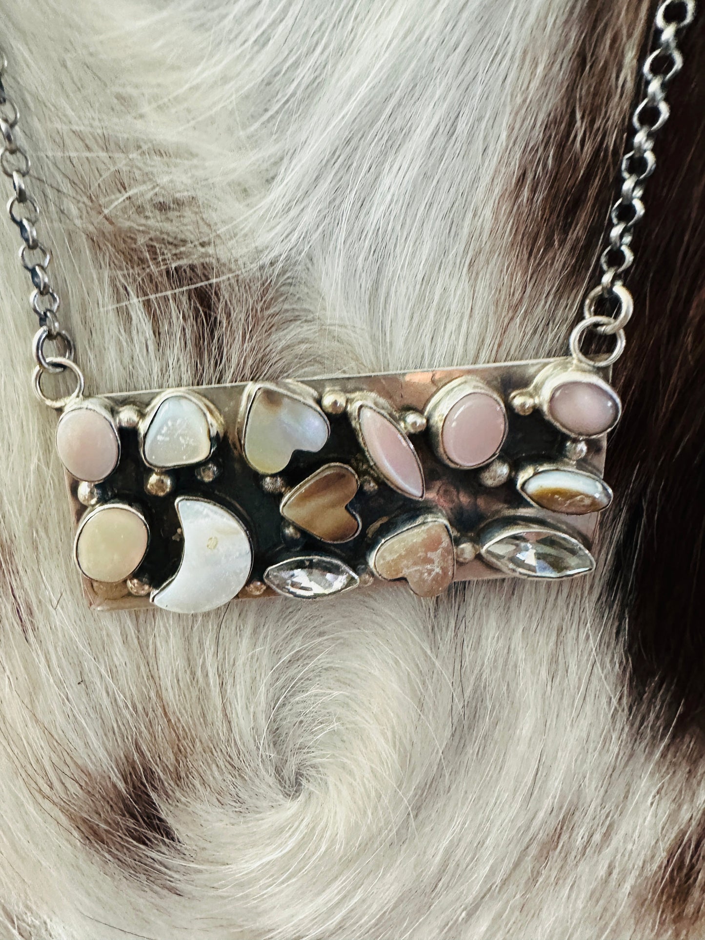 Handcrafted Mother of Pearl, CZ & Sterling Silver Bar Necklace by Jacqueline Silver