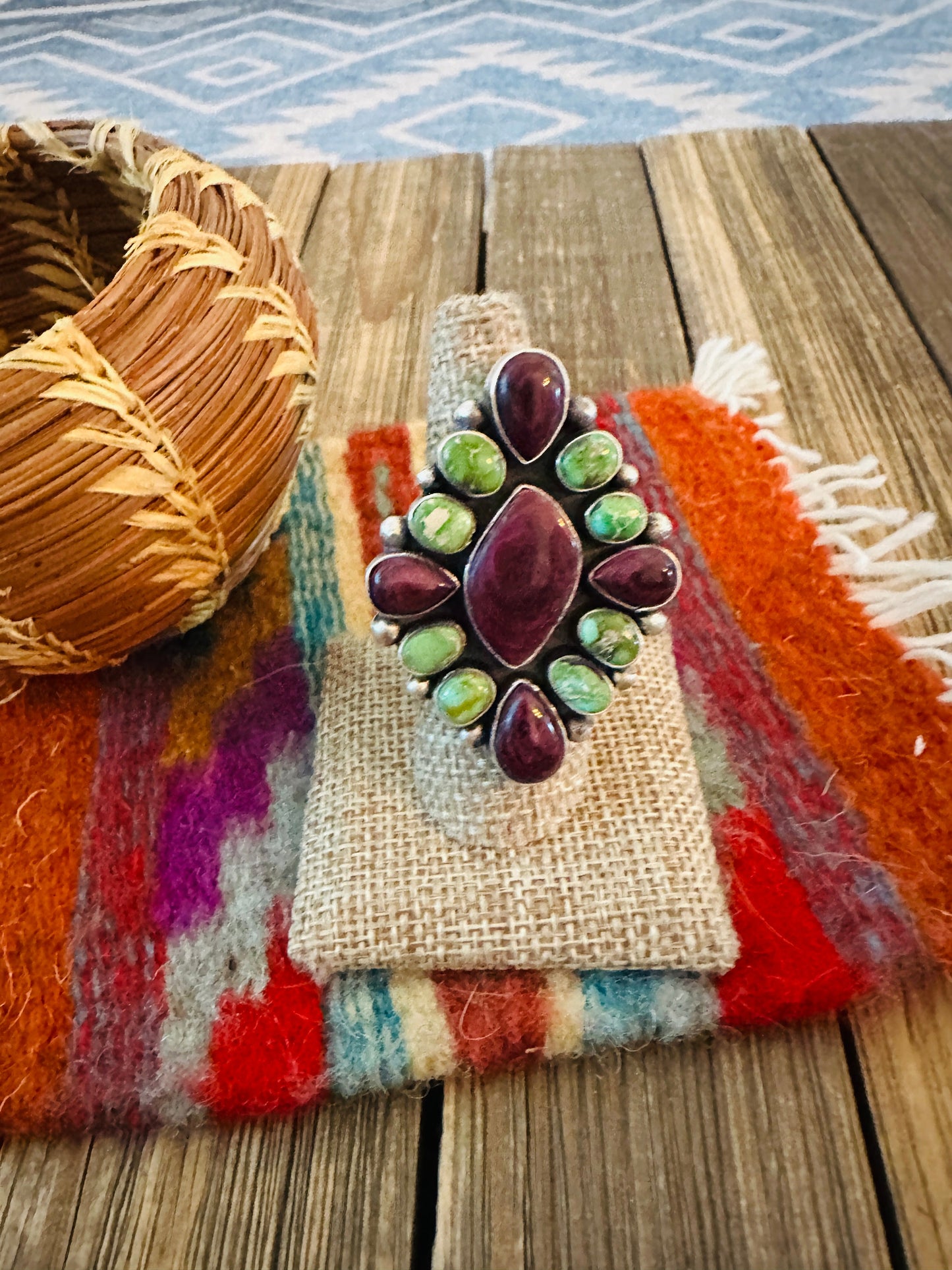 Handcrafted Spiny, Turquoise & Sterling Silver Adjustable Cluster Ring by Rena Shelly