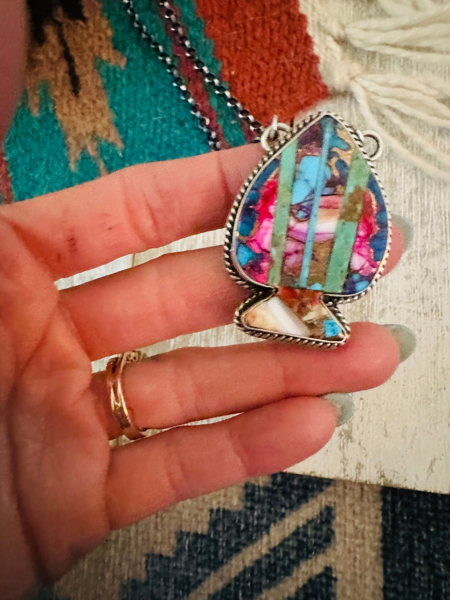 Handcrafted Sterling Silver & Multi Stone Inlay Spade Necklace