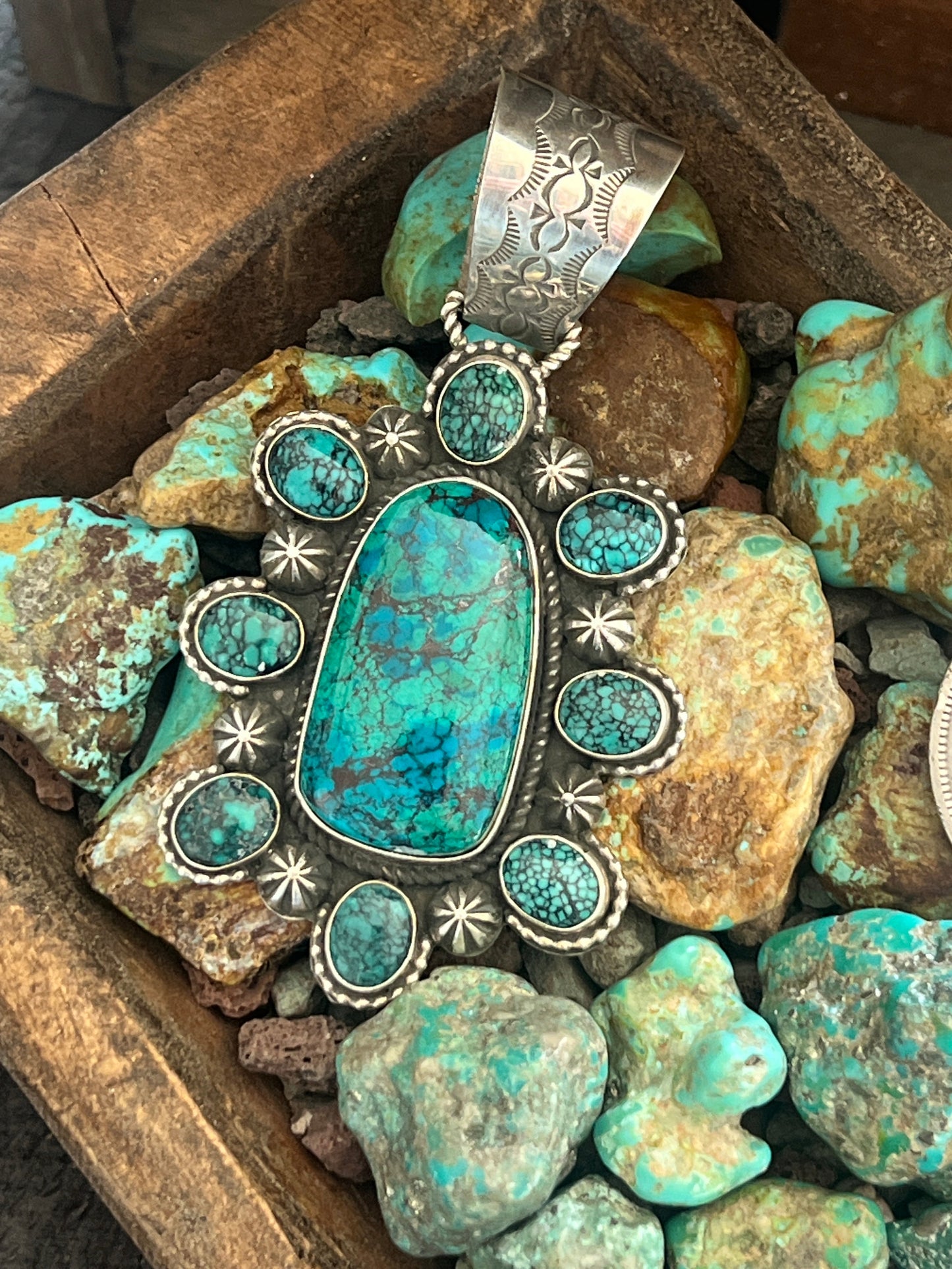 Apache Made Sterling Silver, Hubei Turquoise & Chrysocolla Cluster Pendant by Rosella Paxson