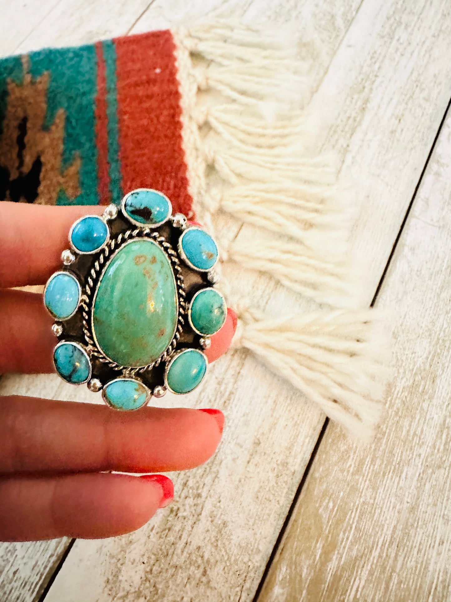 Handcrafted Sterling Silver & Turquoise Cluster Adjustable Ring